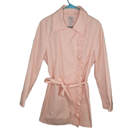 Dressbarn Established peach ruffle front trench coat size XL - Picture 1 of 6